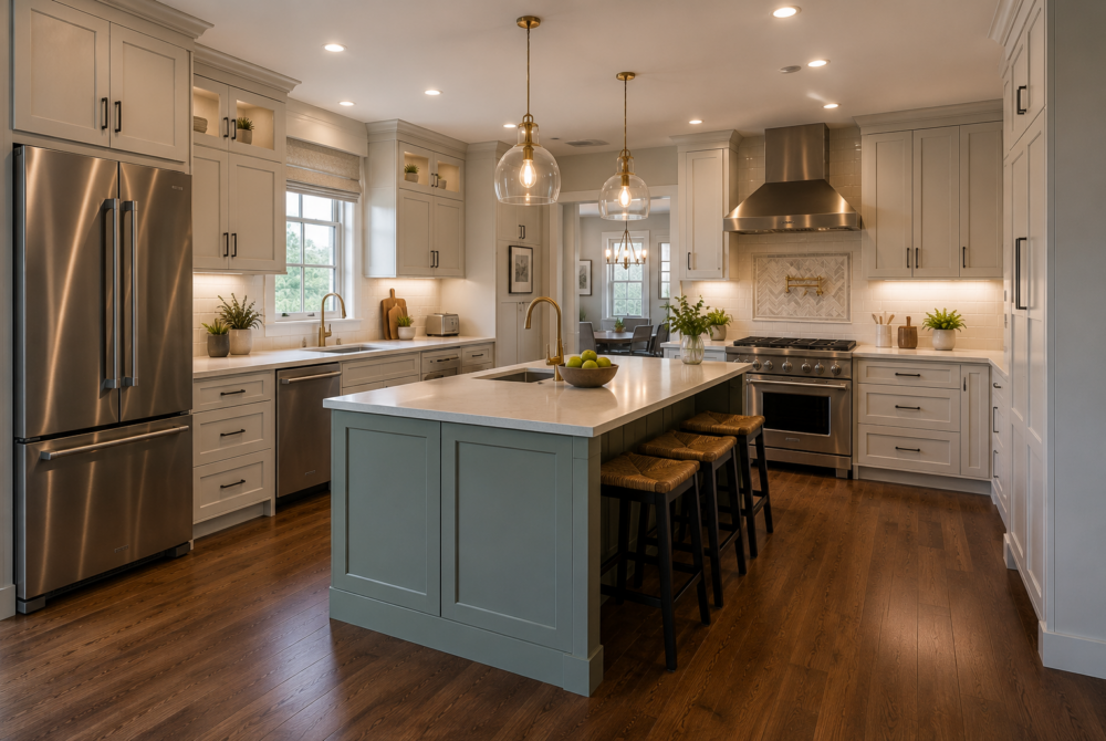 Painted maple kitchen cabinets in cream finish with a sage green two-tone island, gold faucet, quartz countertops, and dark hardwood floors