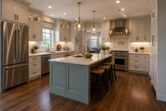 Painted maple kitchen cabinets in cream finish with a sage green two-tone island, gold faucet, quartz countertops, and dark hardwood floors