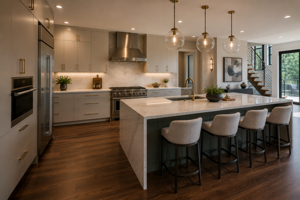 Painted maple kitchen cabinets in flat panel gray finish with marble waterfall island, gold hardware, and globe pendant lights