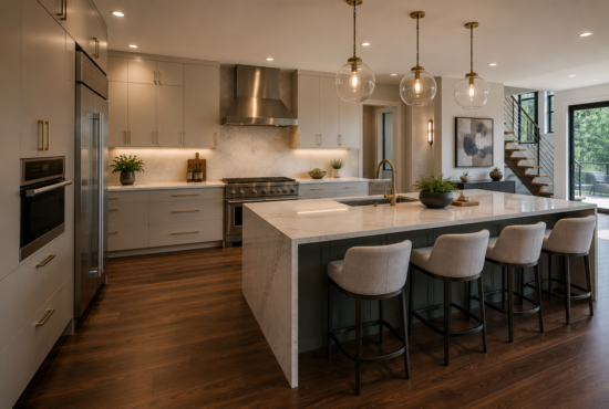 Painted maple kitchen cabinets in flat panel gray finish with marble waterfall island, gold hardware, and globe pendant lights