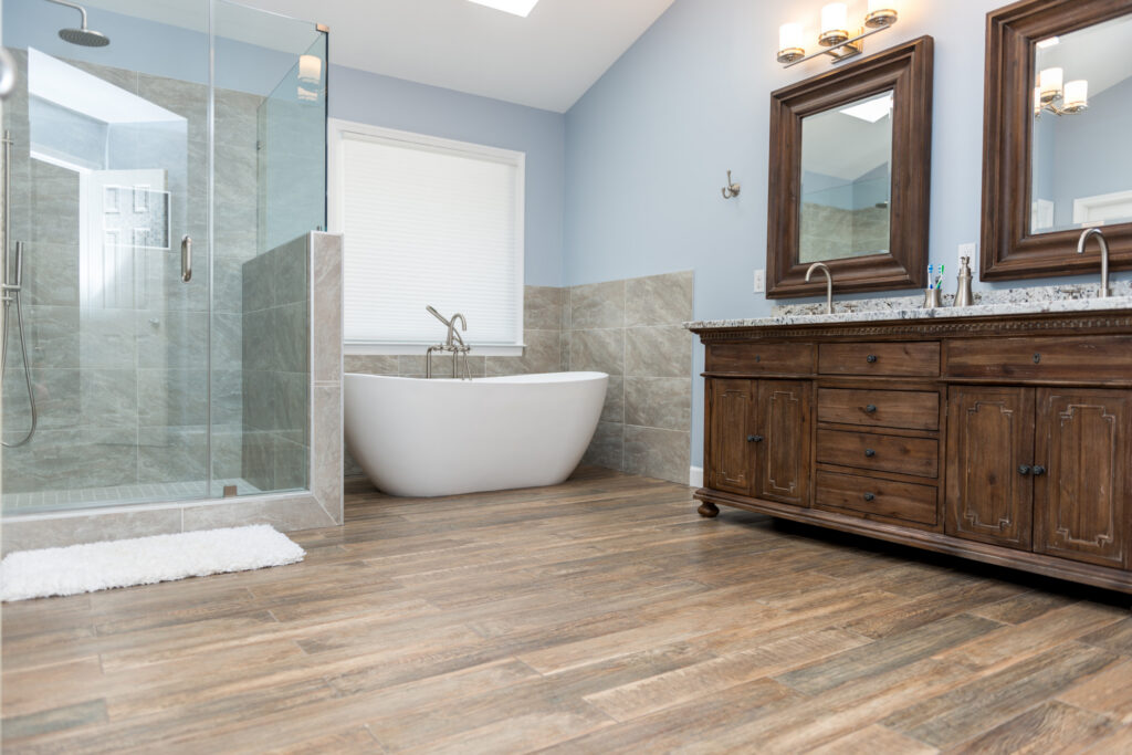 Wood bathroom vanity with double sinks and modern countertop